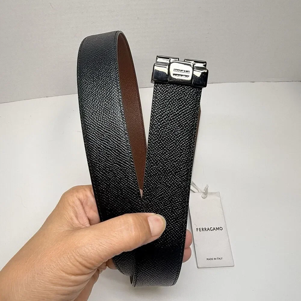Salvatore Ferragamo Black Brown Reversable Textured Leather Belt (Broken Buckle)